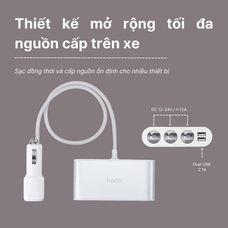 Tẩu sạc chia nguồn cấp trên ô tô mở rộng Hoco Z13 màn hình Led