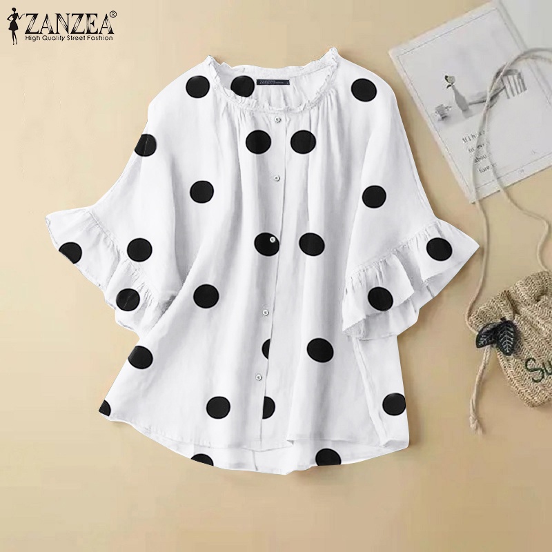 ZANZEA Áo Kiểu Cổ Tròn Tay 3 / 4 Họa Tiết Chấm Bi Phối Bèo Thời Trang Cho Nữ