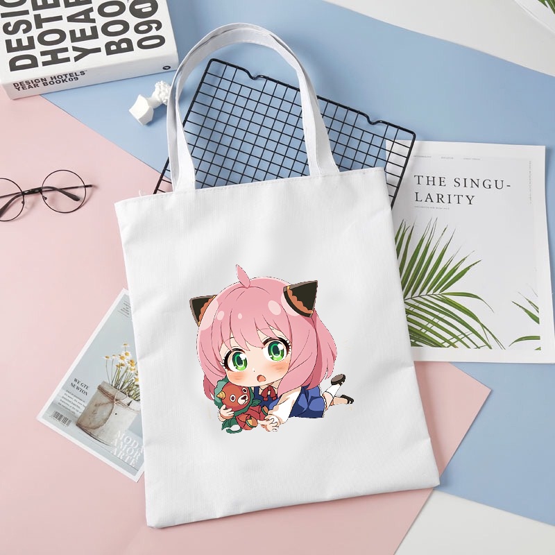 Túi tote vải đen trắng in hình SPY x Family ver nằm anime chibi dễ thương xinh xắn tiện lợi thời trang