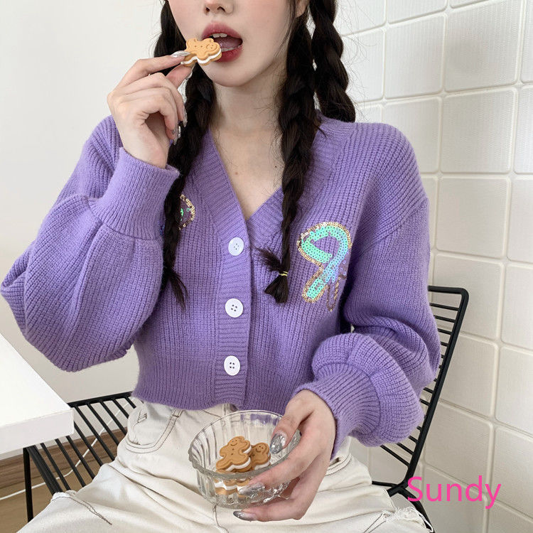 Áo Khoác Cardigan Dệt Kim Tay Dài Màu Tím hợp Thời Trang