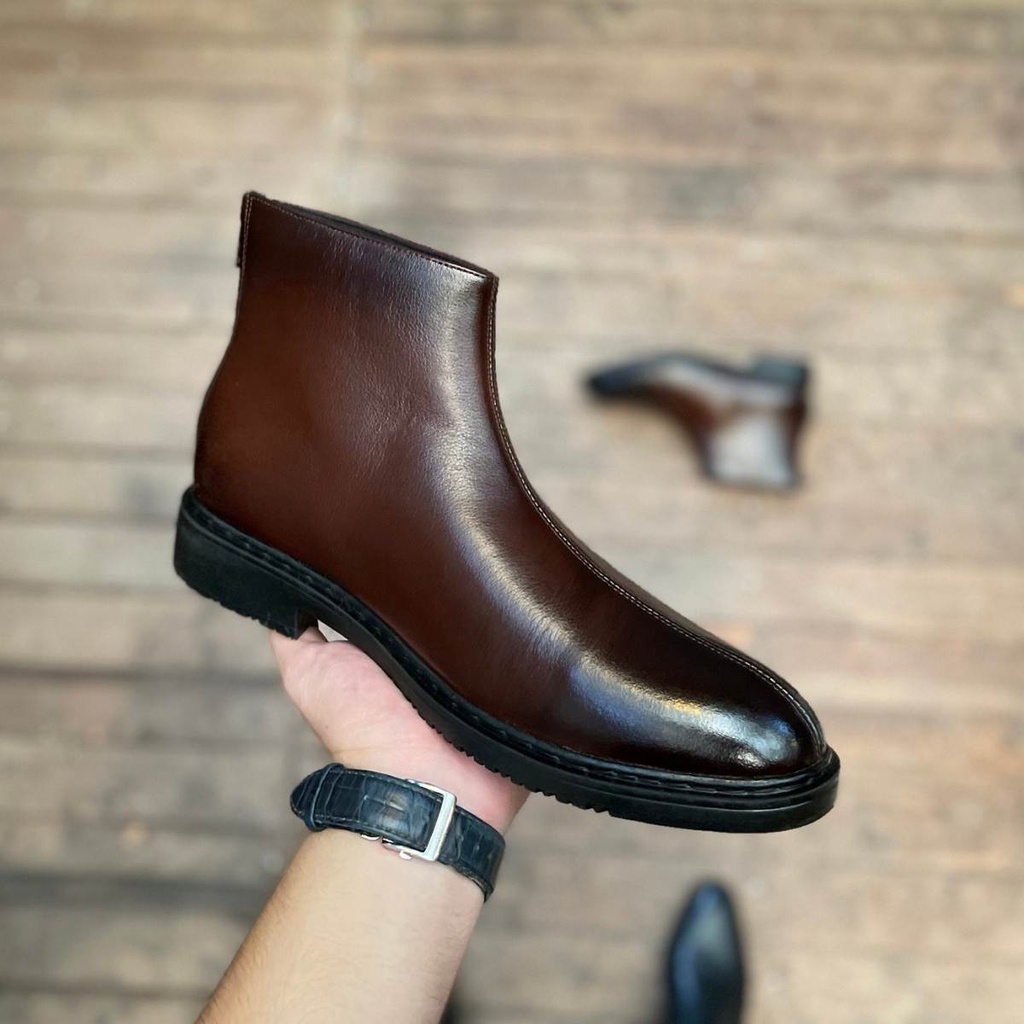 Giày da nam công sở Chelsea Boot Zip Nâu da bò bảo hành 1 năm Lucas shoes