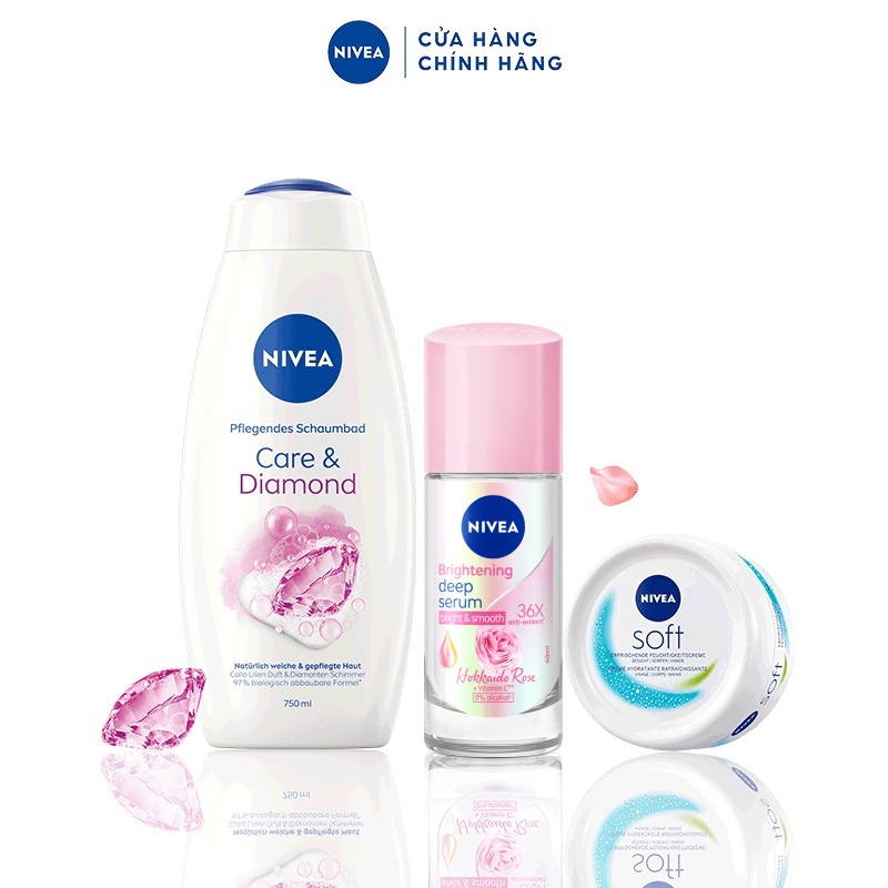 Bộ sữa tắm Diamond dưỡng ẩm và ngăn mùi NIVEA: Sữa tắm NIVEA 750ML, Lăn ngăn mùi Hokkaido 40ML & Kem dưỡng ẩm 50ML