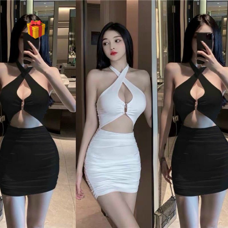Đầm yếm chéo cổ khoen ngực hở eo ôm body cực sexy , chất thun gân mềm mịn