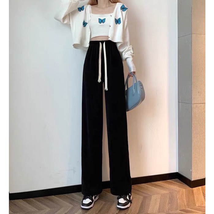 Quần ống rộng Lưng Cao Màu Đen Phong Cách retro Mỹ Thời Trang Cho Nữ