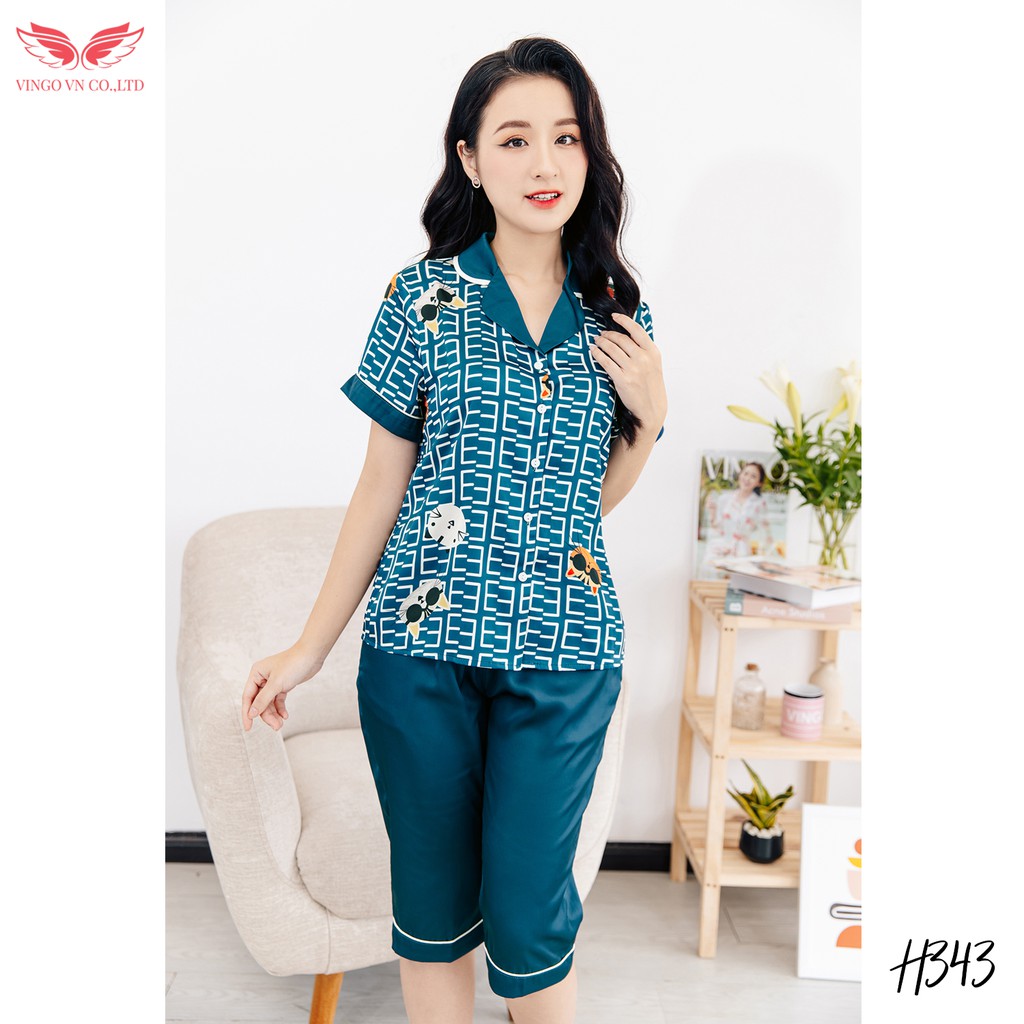 VINGO Bộ Đồ Ngủ Mặc Nhà Nữ Kiểu Pijama Lụa Pháp Cao Cấp Tay Cộc Quần Lửng Họa Tiết Mèo Nền Xanh Đậm H343 VNGO - TCQL