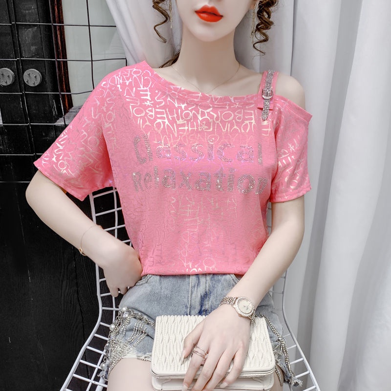 Áo Thun Tay Ngắn Lệch Vai Đính Đá Thời Trang Dành Cho Nữ
