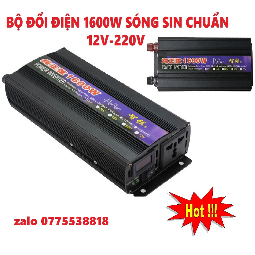 Inverter sin chuẩn 1600w chuyển điện 12v lên 220v | Inverter sin chuẩn 1600w 12v.