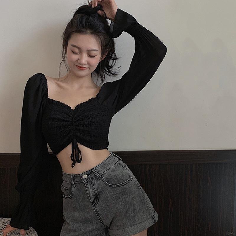 Áo Lửng Cổ Vuông Tay Dài Thời Trang Quyến Rũ Cho Nữ