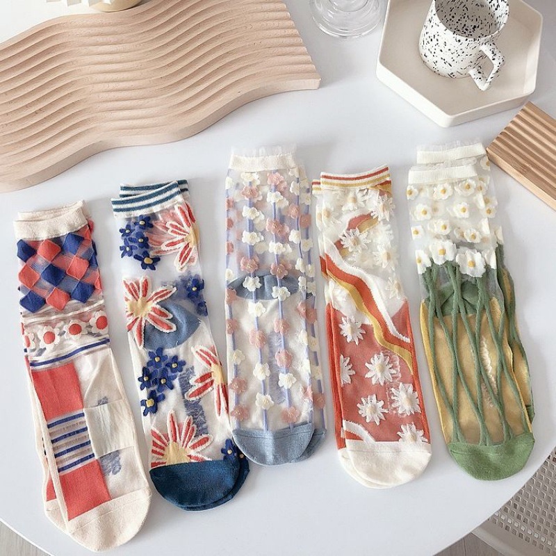 Tất, Vớ Cotton Pha Ren Lưới Đính Hoa Flower Calf Socks