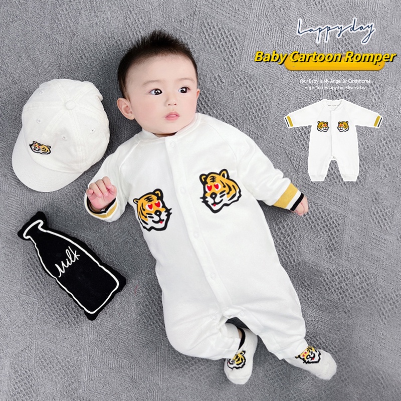 Áo Liền Quần Tay Dài In Hình Hổ Hoạt Hình Dễ Thương Dành Cho Trẻ Em Sơ Sinh
