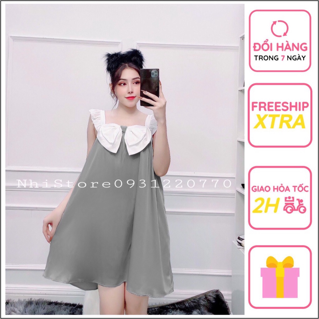 ( Freeship 50k ) Đầm Mặc Nhà Nhistore Đần Ngủ Lụa 2 Dây Đính Nơ Lưng Thun Co Giãn Freesize Dưới 57kg