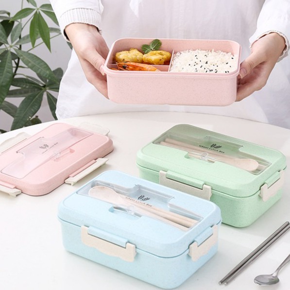 Hộp Đựng Cơm Lúa Mạch 3 Ngăn Tặng Kèm Đũa, Thìa Cùng Chất Liệu/Hộp Đựng Cơm Văn Phòng Hình Chữ Nhật