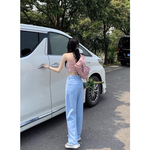 Quần Jeans suông xanh cắt gấu