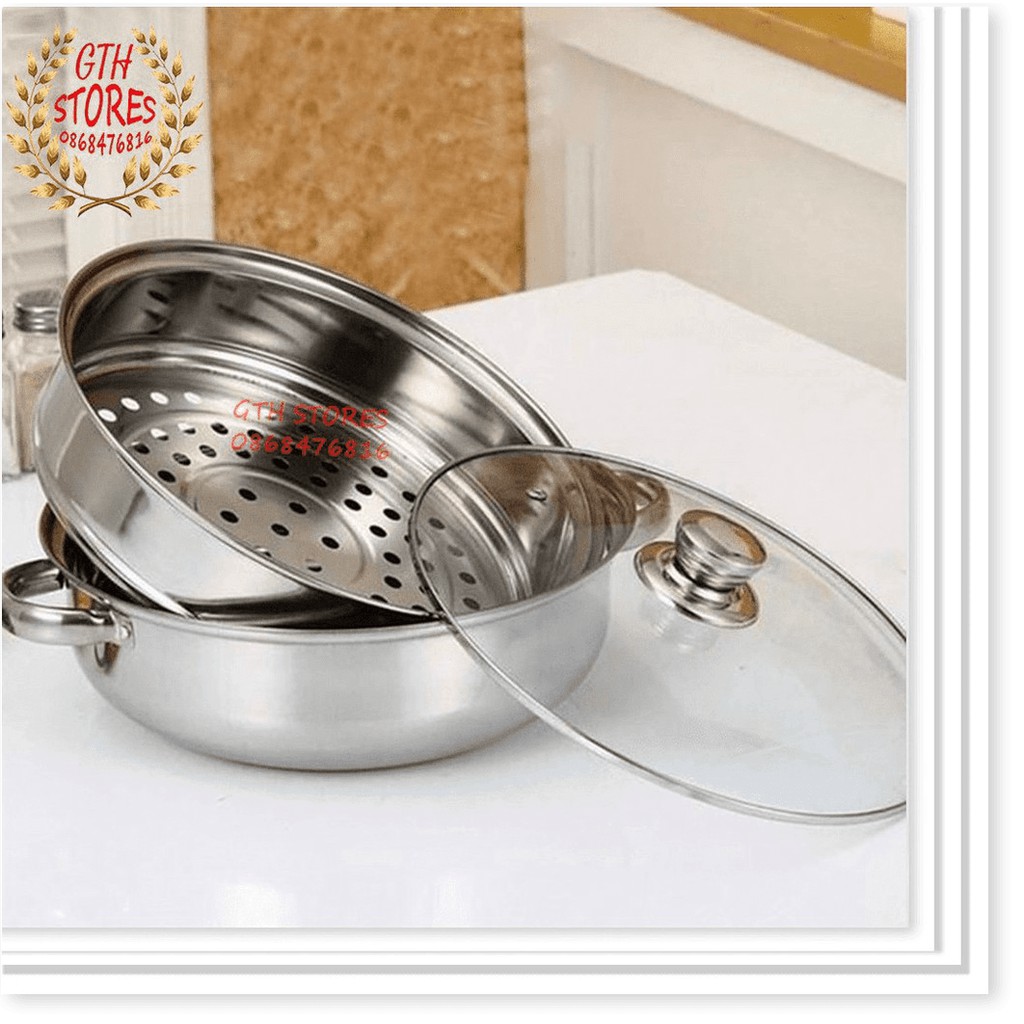 Nồi hấp inox 2 Tầng nắp kính size 28cm - 3 Tầng tiện lợi 2 vỉ hấp size 30cm, Bằng Thép Không Gỉ - GTH STORES