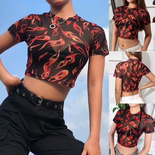 Áo Crop Top Tay Ngắn Phối Lưới Xuyên Thấu