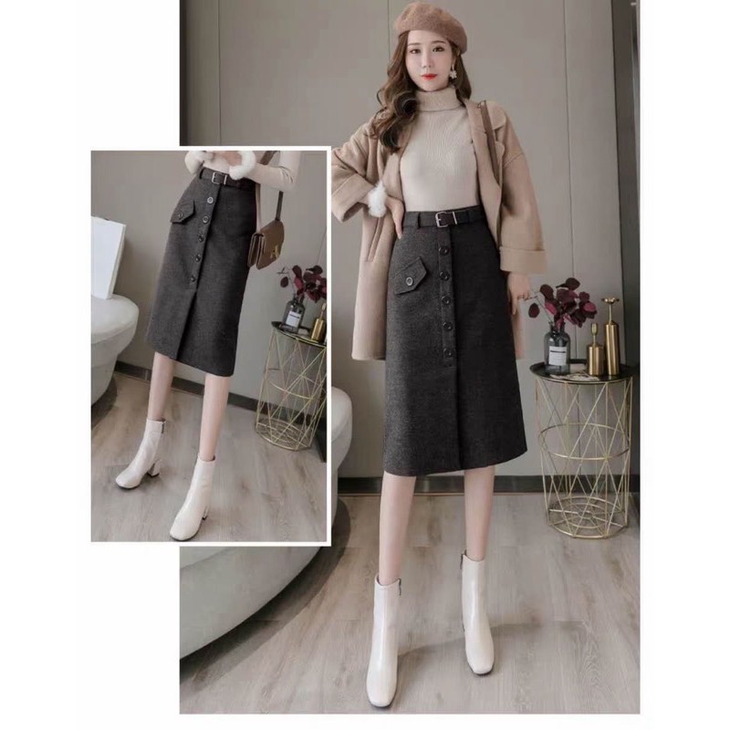 Chân váy dạ dáng dài khuy trước