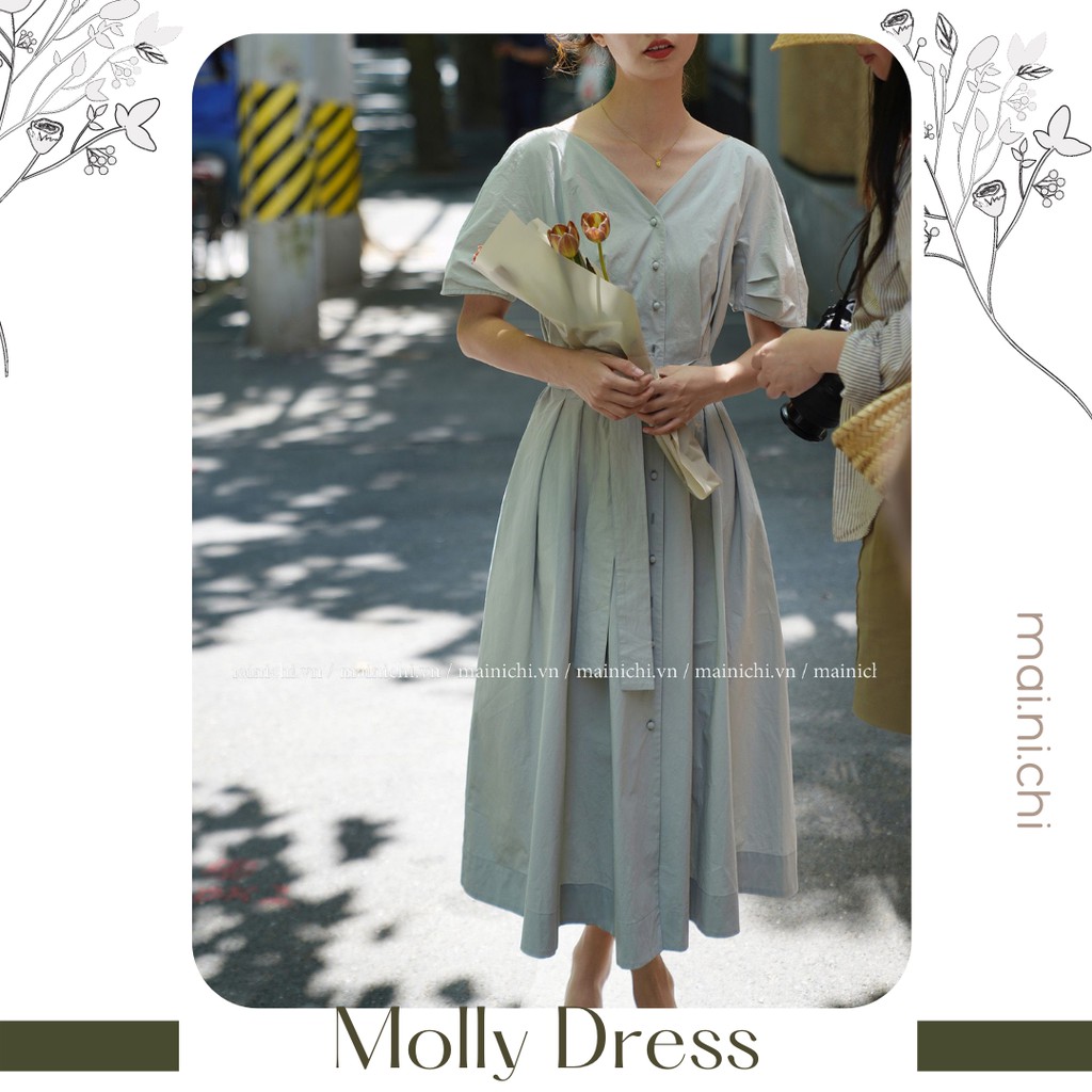 Váy Molly Dress Vải Kate Hàn Dáng Xòe Màu Ghi Vintage_mai.ni.chi