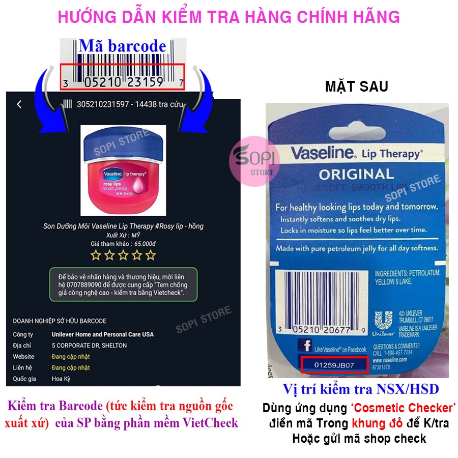 [Made in USA] Sáp dưỡng môi Vaseline Lip Therapy 7g hàng Mỹ, dưỡng ẩm và ngăn ngừa nứt nẻ môi - Sopi Store