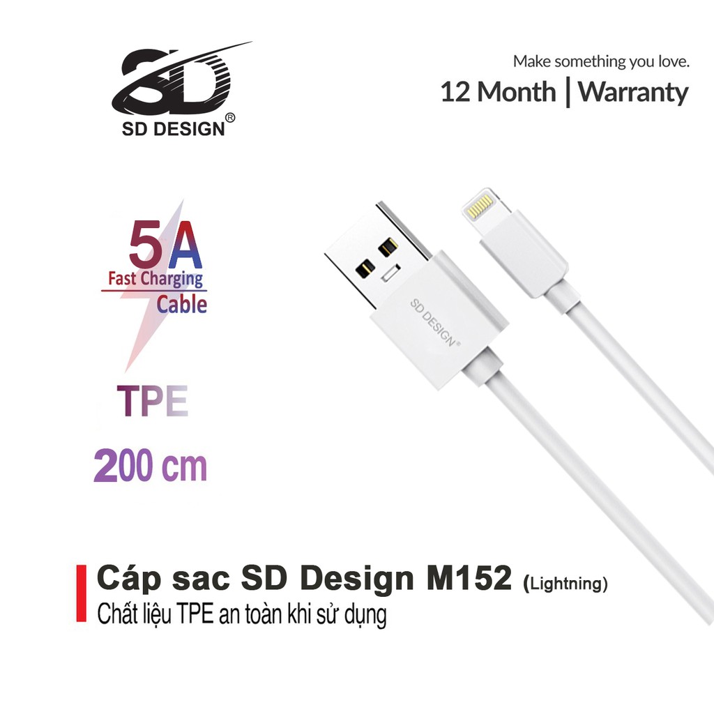 Cáp sạc SD DESIGN M152 chính hãng với chân sạc lightning sử dụng cho các máy iphone và ipad, bảo hành 1 đổi 1