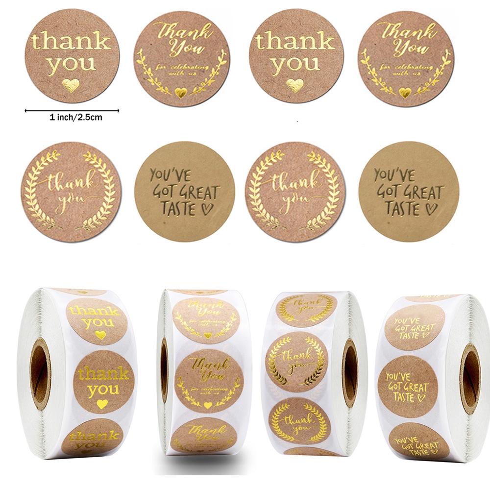 Cuộn 500 Nhãn Dán Tròn Bằng Giấy Kraft In Chữ Thank You Màu Nhũ Trang Trí Đa Dụng