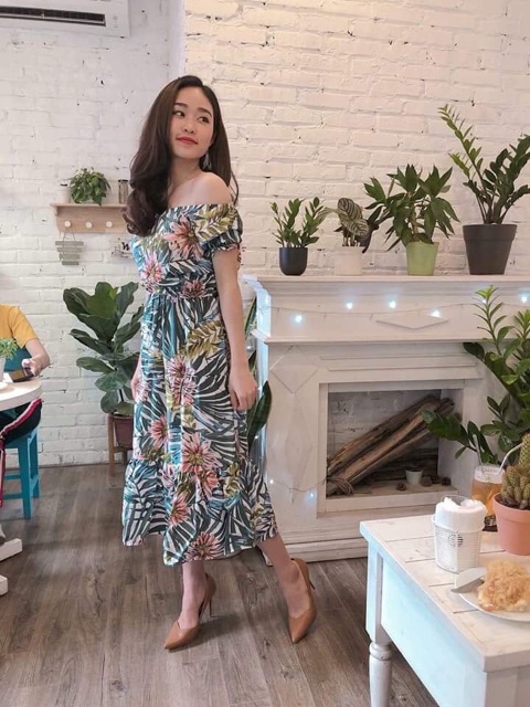 Váy Maxi hoa xanh dạo biển dã ngoại cực đẹp