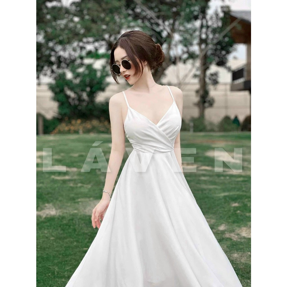 Đầm váy maxi đi biển lụa trắng 2 lớp xinh xắn, trẻ trung (Có mút ngực)