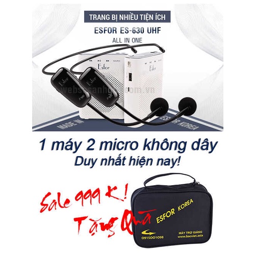 Máy trợ giảng không dây ESFOR ES-630 UHF V2 Hàn Quốc 2 Micro không dây ES630 UHF Cao Cấp