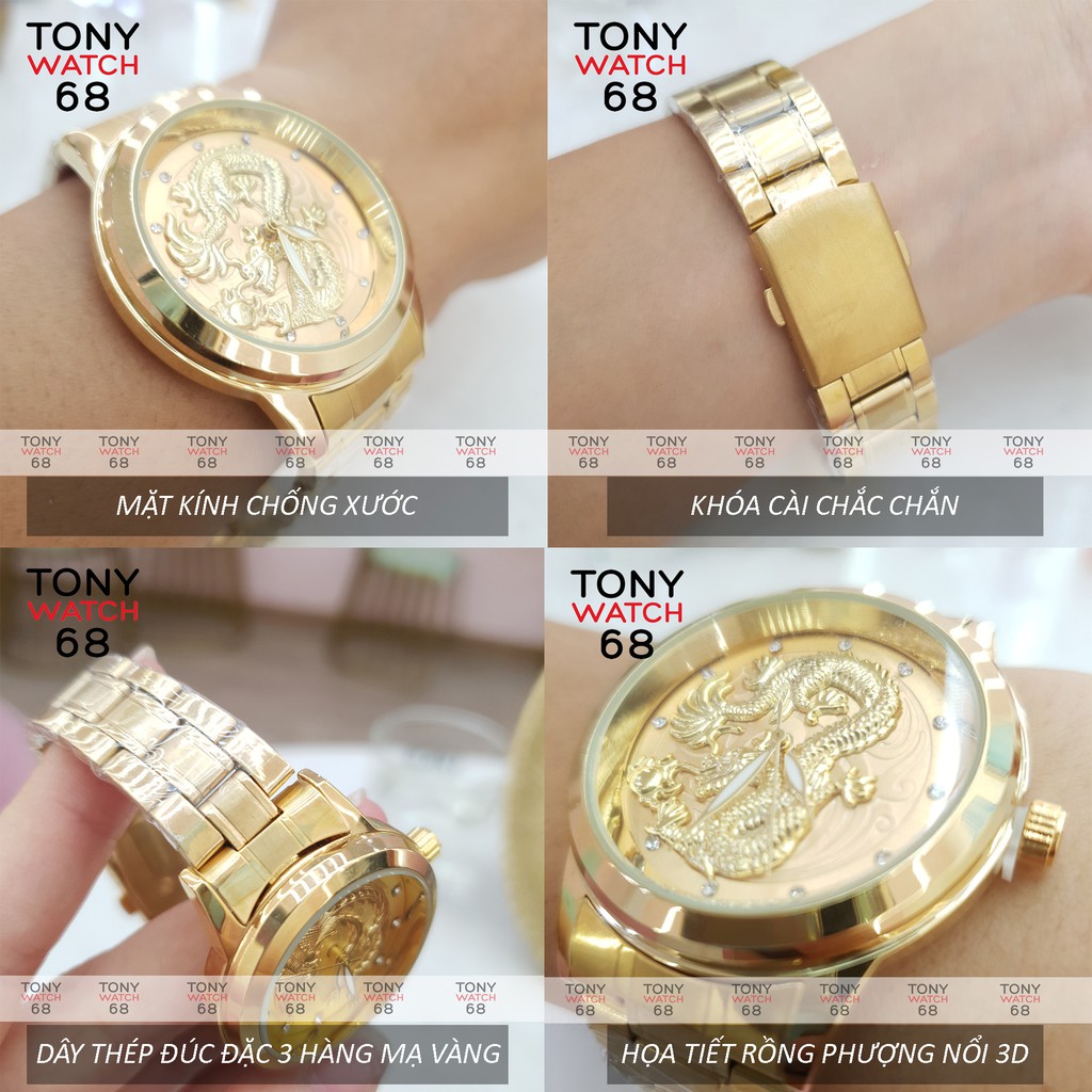 Đông hồ đôi nam nữ Winsley họa tiết rồng phượng nổi 3D mạ vàng chống nước chính hãng Tony Watch 68