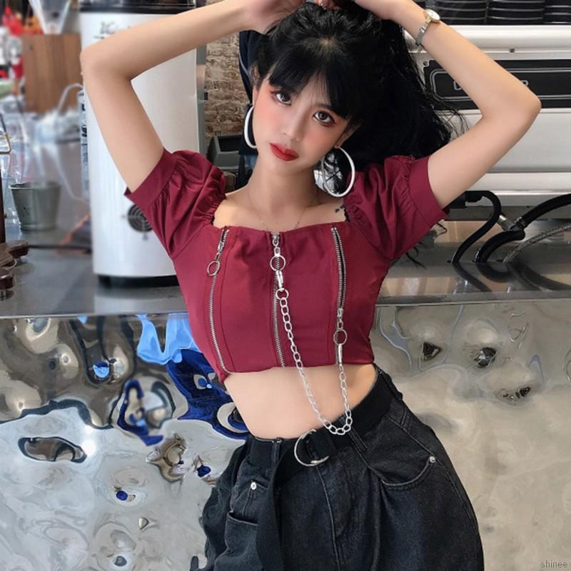 Áo croptop cổ vuông phối khóa kéo phong cách quyến rũ dành cho nữ