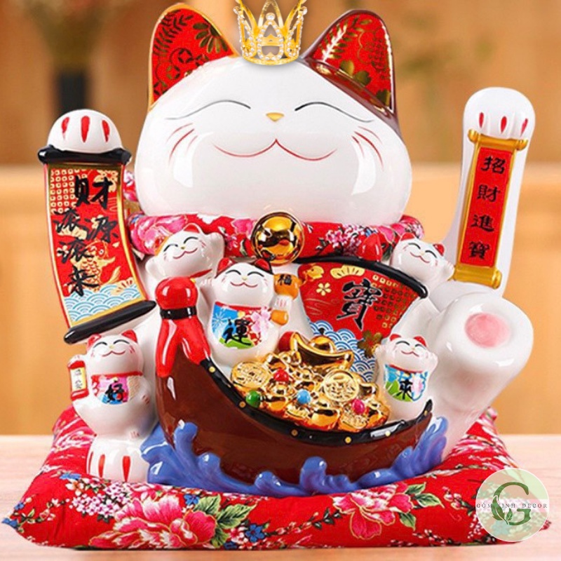 Mèo Thần Tài Mèo Vẫy Tay Mèo Đế Vương Chiêu Tài Lộc Phong Thủy Gốm Sứ Cao Cấp 25cm