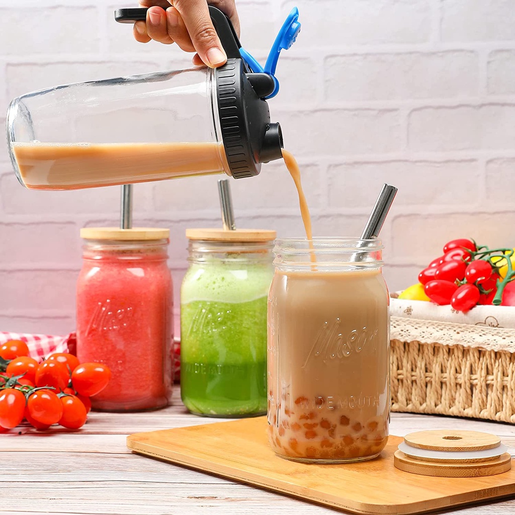 Mason Ly Uống Nước Bằng Thủy Tinh Có Nắp Tre Và Ống Hút Bằng Thép Không Gỉ