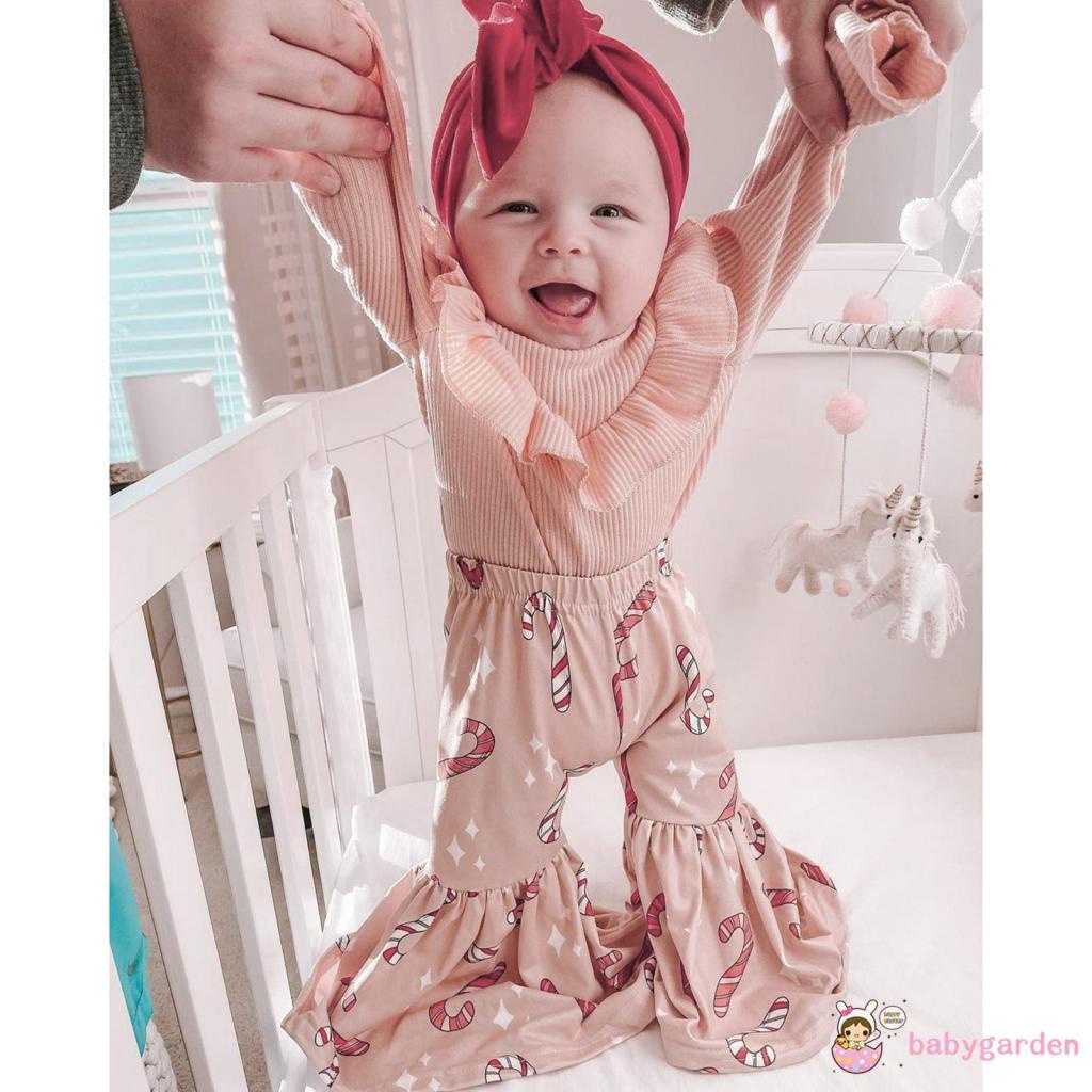 Set Đồ Mùa Thu 2 Món Gồm Áo Liền Quần Tay Xòe Có Diềm Xếp Nếp + Quần Dài In Họa Tiết Cho Bé Gái 0-24 Tháng Tuổi