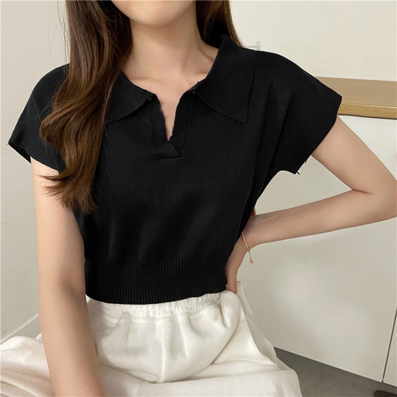 Áo Thun Croptop Dệt Kim Tay Ngắn Cổ Chữ V Dáng Ôm Thời Trang Quyến Rũ Cho Nữ