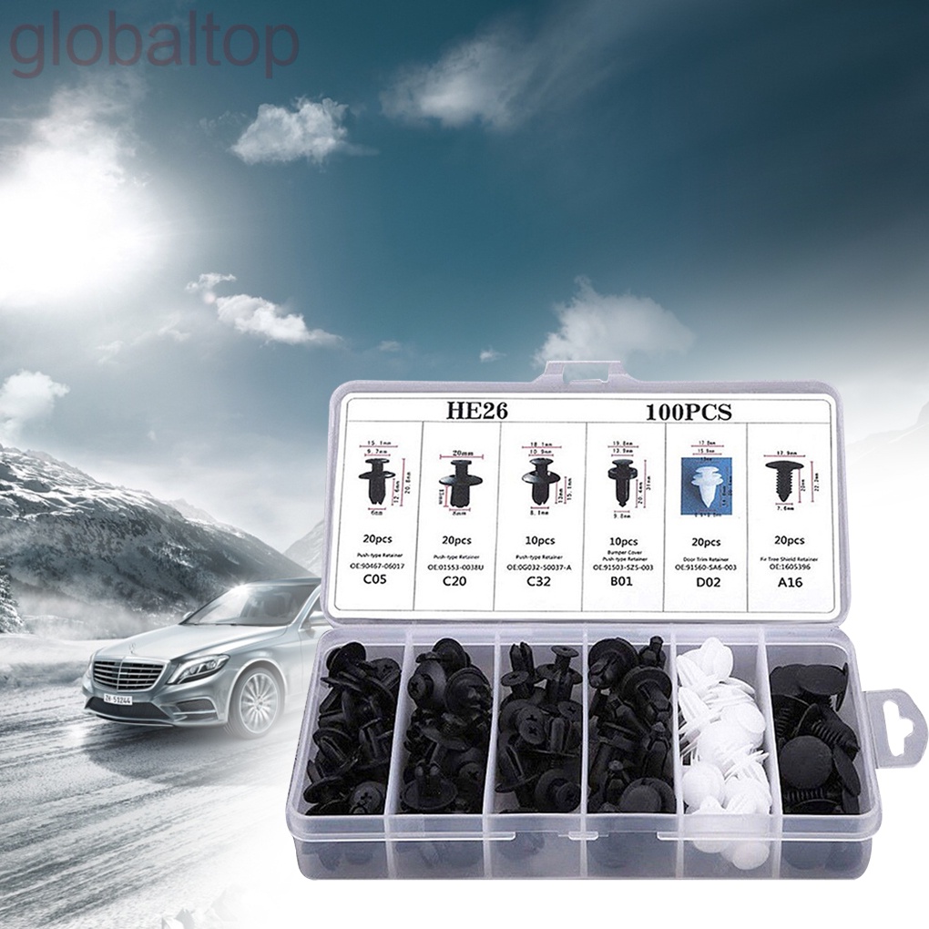 Set 100 đinh tán nhựa phụ tùng xe ô tô kèm hộp/túi chất lượng cao