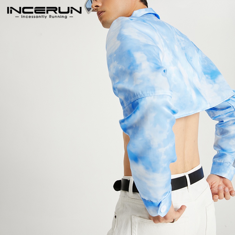 Áo sơ mi croptop INCERUN tay dài màu xanh nhuộm thời trang cho nam