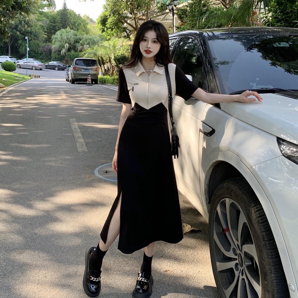 Honypove Đầm Cổ POLO Tay Ngắn Dáng Ôm Xẻ Tà Màu Sắc Tương Phản Phong Cách Hàn Quốc Thời Trang Xuân Hè Dành Cho Nữ 2022