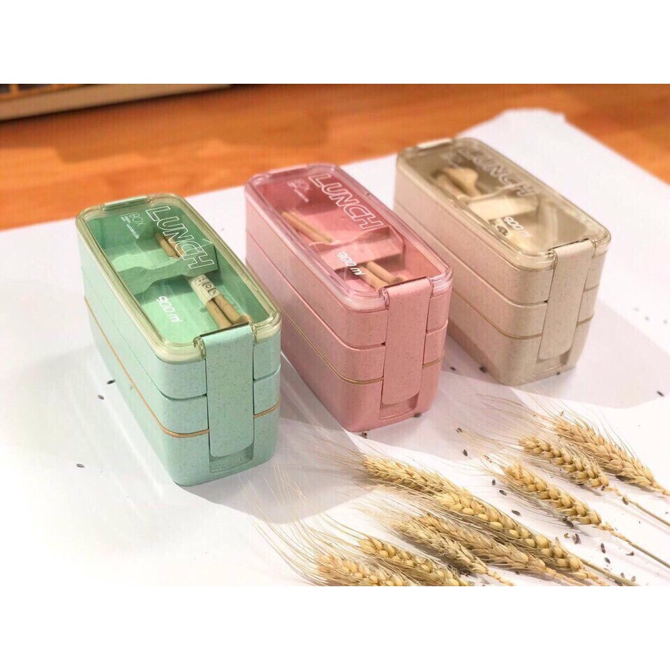 Hộp Cơm 3 Tầng Lúa Mạch Kèm Muỗng Đũa
