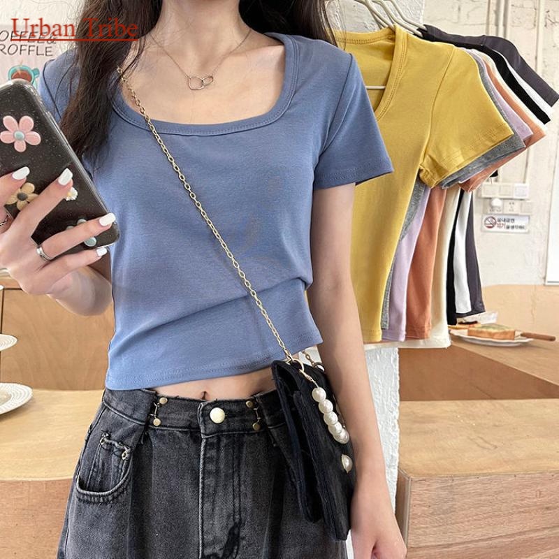 Miễn Phí Vận Chuyển Áo Thun Ngắn Tay Dáng Ôm Màu Trơn Phong Cách Hàn Quốc Dành Cho Nữ