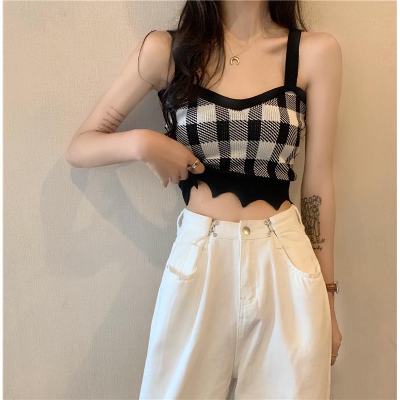 Áo dệt kim ZHELIHANGFEI hai dây dáng ngắn phong cách gợi cảm cho nữ