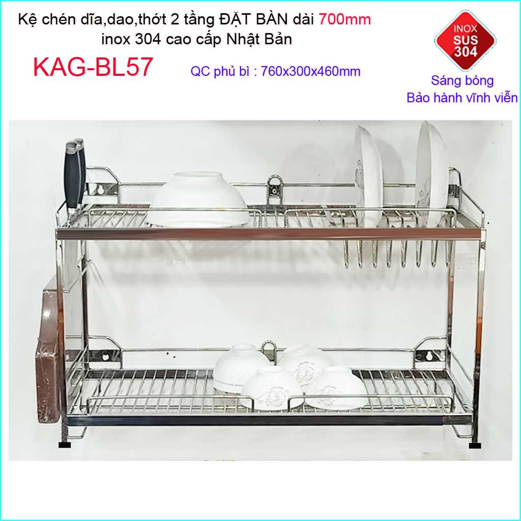 Kệ đựng chén bát Inox Nhật SUS304 cao cấp, kệ úp chén dĩa dài 70cm, kệ chén bát có máng Dzao thớt Kace KAG-BL57- Đặt bàn