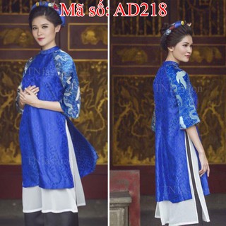 Có size lớn 5XL Áo Dài Cách Tân gấm xanh 2 tà tay gấm in họa tiết AD218