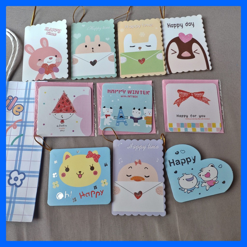 Thiệp chúc mừng mini nhiều hình sắc màu siêu ciu - Thiệp sinh nhật, valentine, 20/11,...kèm phong bì tiện lợi
