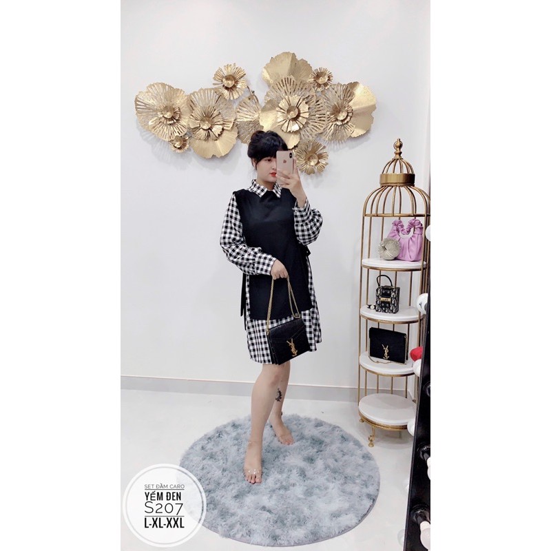 Bigsize Set đầm caro yếm đen S207
