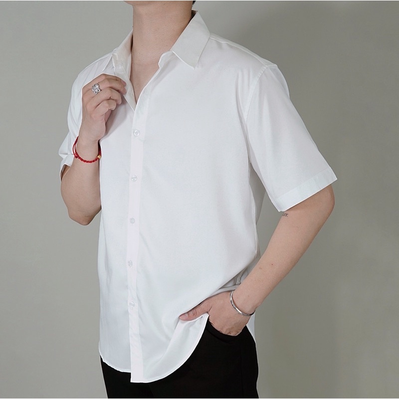 [bigsize &lt;130kg] Áo sơ mi cộc tay nam trắng trơn Maltrik studio chất lụa mềm mại có size lớn cho người béo