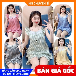Đồ bộ nữ mặc nhà quần đùi chất kate mềm mát in caro nhí dễ thương Bộ kate đùi BKT246