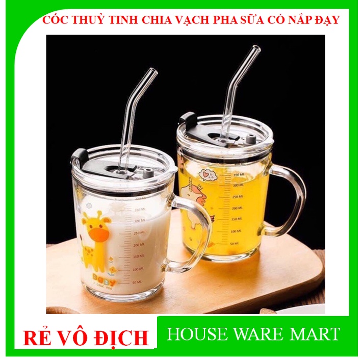 Ly Thuỷ Tinh Chia vạch 350 ml Hoạ Tiết Hoạt Hình Có Nắp Đậy Chân Không Cốc Thủy Tinh Uống Trà Sữa Có Ống hút