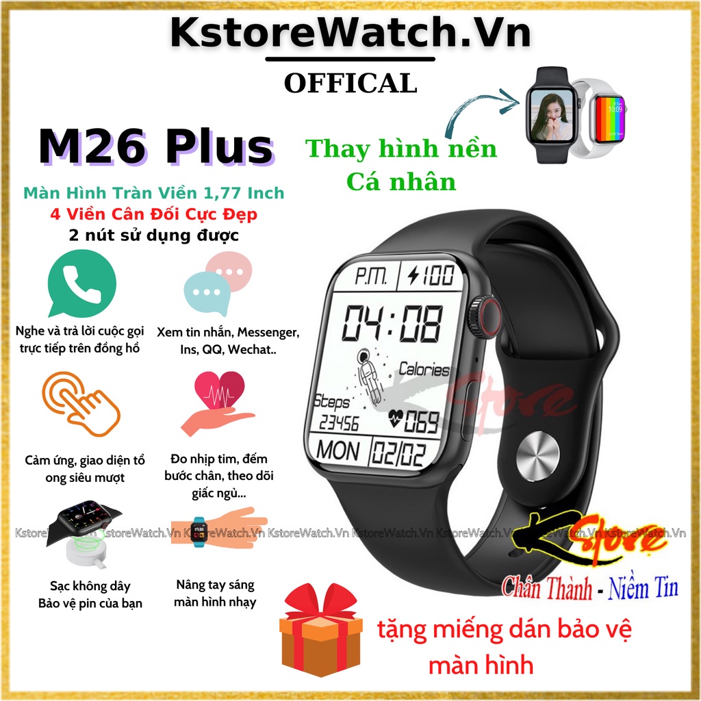 ♙☎∋Đồng hồ thông minh M26 Plus Smartwatch màn hình HD tràn viền 4 cạnh cảm ứng siêu mượt nghe gọi theo dõi sức khỏe