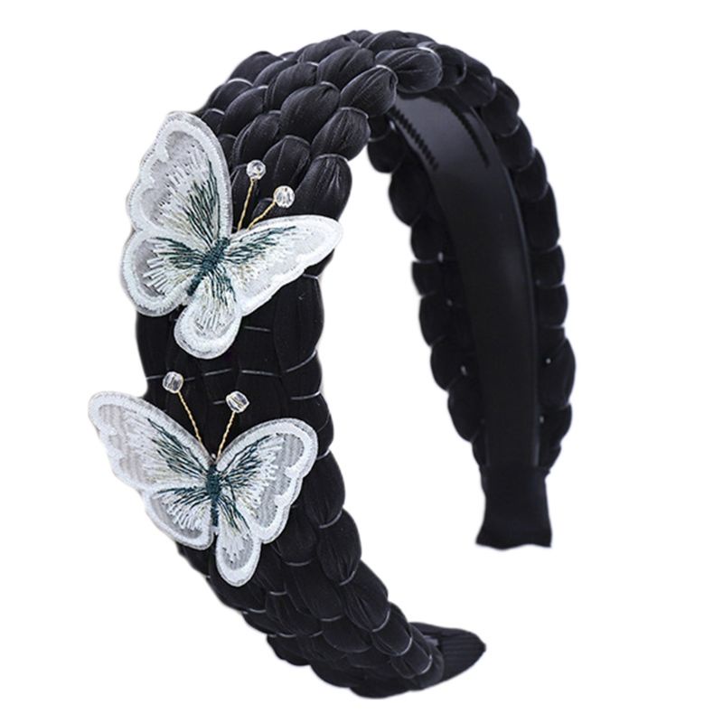 Băng Đô Cài Tóc Bện Bằng Nhựa Màu Trơn Thêu Hình Bướm 3D Thủ Công Ngọt Ngào Chống Trượt Cho Nữ