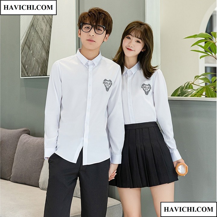 Áo sơ mi nữ, Áo sơ mi  cặp đôi nam nữ couple kiểu kute hàn quốc Unisex hoolook havichi.com trắng