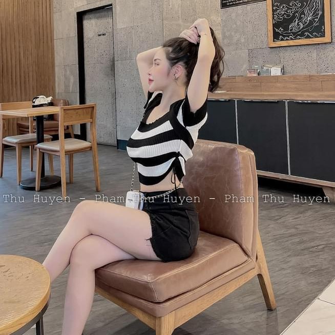 Áo len kẻ ngang cổ vuông rút dây 2 bên, Áo kiểu len tăm dáng ôm AL1352 - NhiNhi Shop